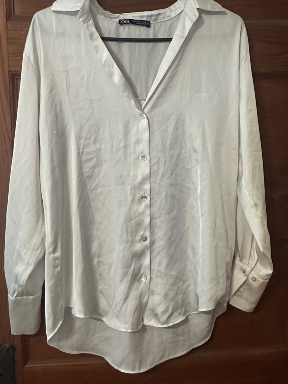 Zara Cream Button-Down Satin Blouse